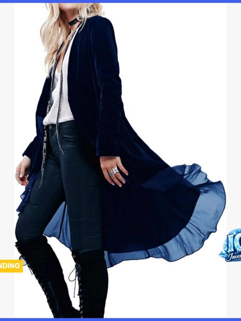 Long Velvet Blazer with Ruffles Asymmetric Hem Cardigan Style